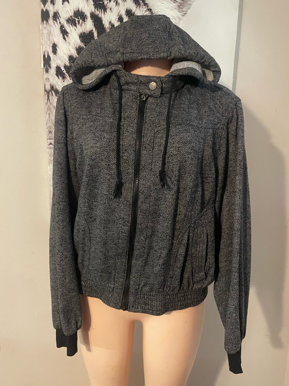 Miss London Gray Hooded Zip-Up bomber Jacket ribbed cuff size 2X